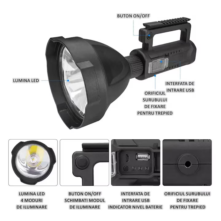 Lanterna LED portabila cu trepied, functie de Powerbank, incarcare USB, 4 moduri de iluminare, Waterproof