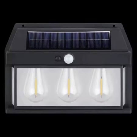 Lampa solara tip felinar 38W Smartix cu 3 Becuri, Acumulator 1200mAh, Senzor 5-8M, Pentru exterior, Suport inclus, Panou solar inclinat, 600 Lumeni, Negru