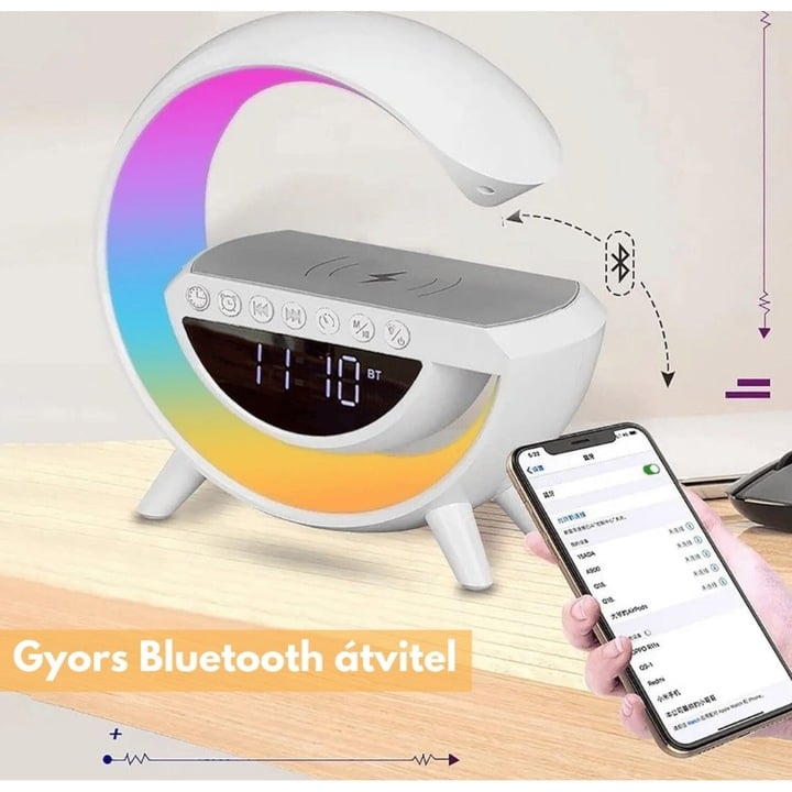 Boxă Bluetooth cu Incarcator Wireless 4 in 1, 15 W, Lampă Smart LED RGB, Radio FM, Slot microSD, Funcție AUX, Ceas Digital - Dispozitiv Multifuncțional, Design Modern, Alb
