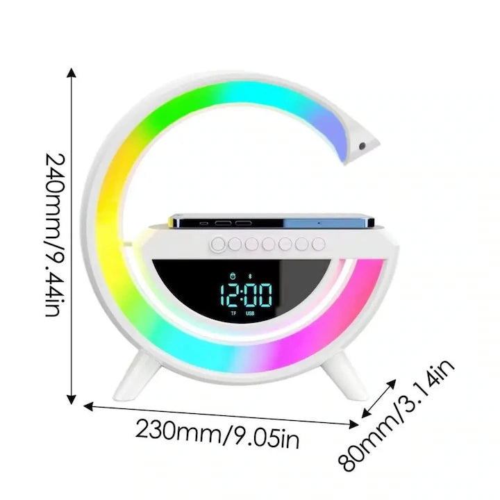 Boxă Bluetooth cu Incarcator Wireless 4 in 1, 15 W, Lampă Smart LED RGB, Radio FM, Slot microSD, Funcție AUX, Ceas Digital - Dispozitiv Multifuncțional, Design Modern, Alb