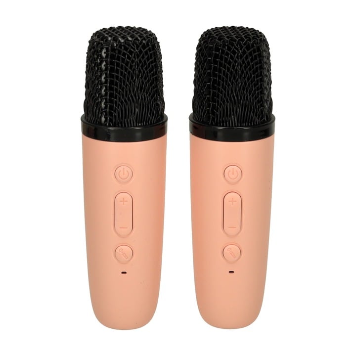 Set karaoke cu 2 microfoane și boxă portabilă, roz, 6W, iluminare LED, schimbare voce, baterii reîncărcabile