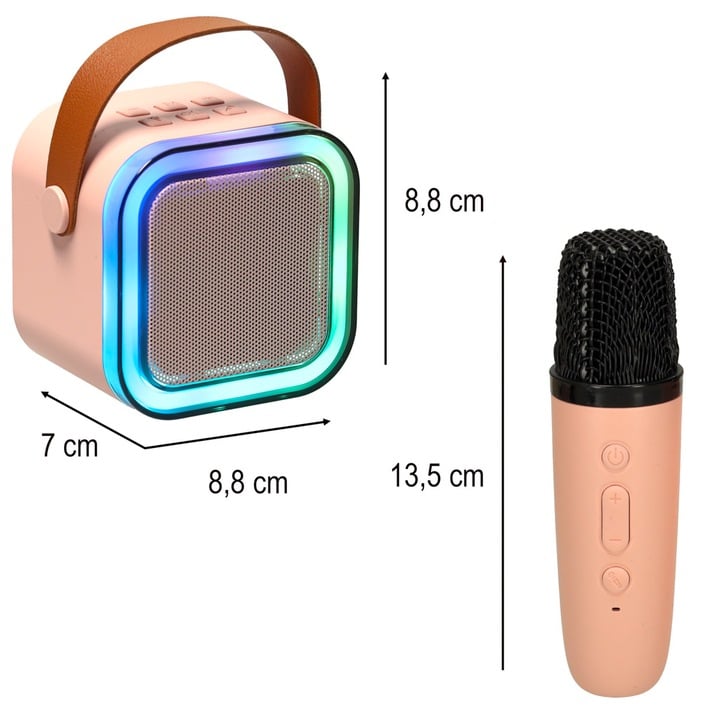 Set karaoke cu 2 microfoane și boxă portabilă, roz, 6W, iluminare LED, schimbare voce, baterii reîncărcabile