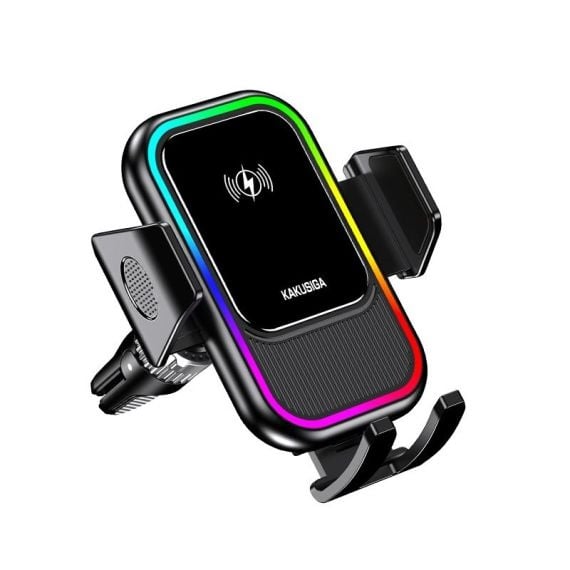 Suport universal Smartix pentru telefon mobil cu incarcare Wireless, 15W, Fixare dubla, 360°, Cleme laterale, AutoGravity, Negru