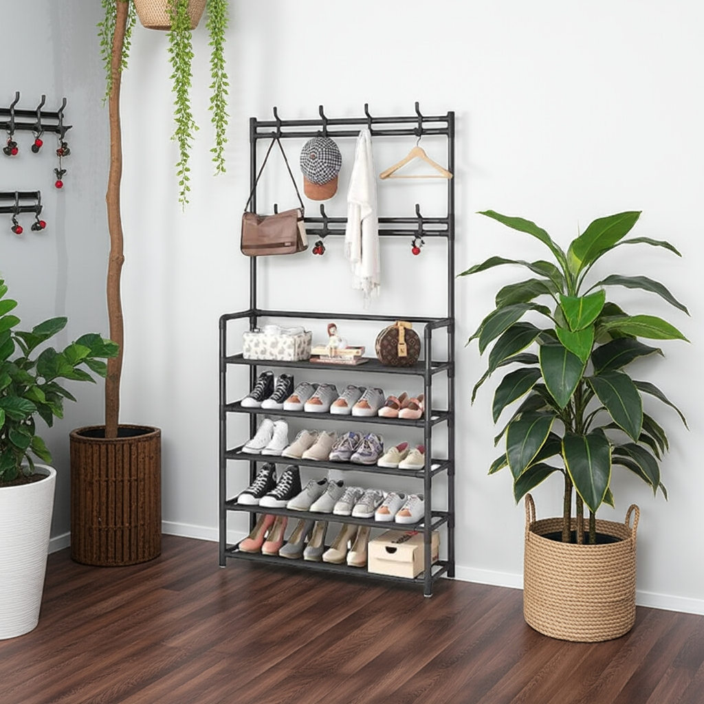 Cuier metalic cu 5 rafturi și 8 cârlige, multifuncțional, pentru haine, pantofi și genți, design modern, 168 cm, negru/alb