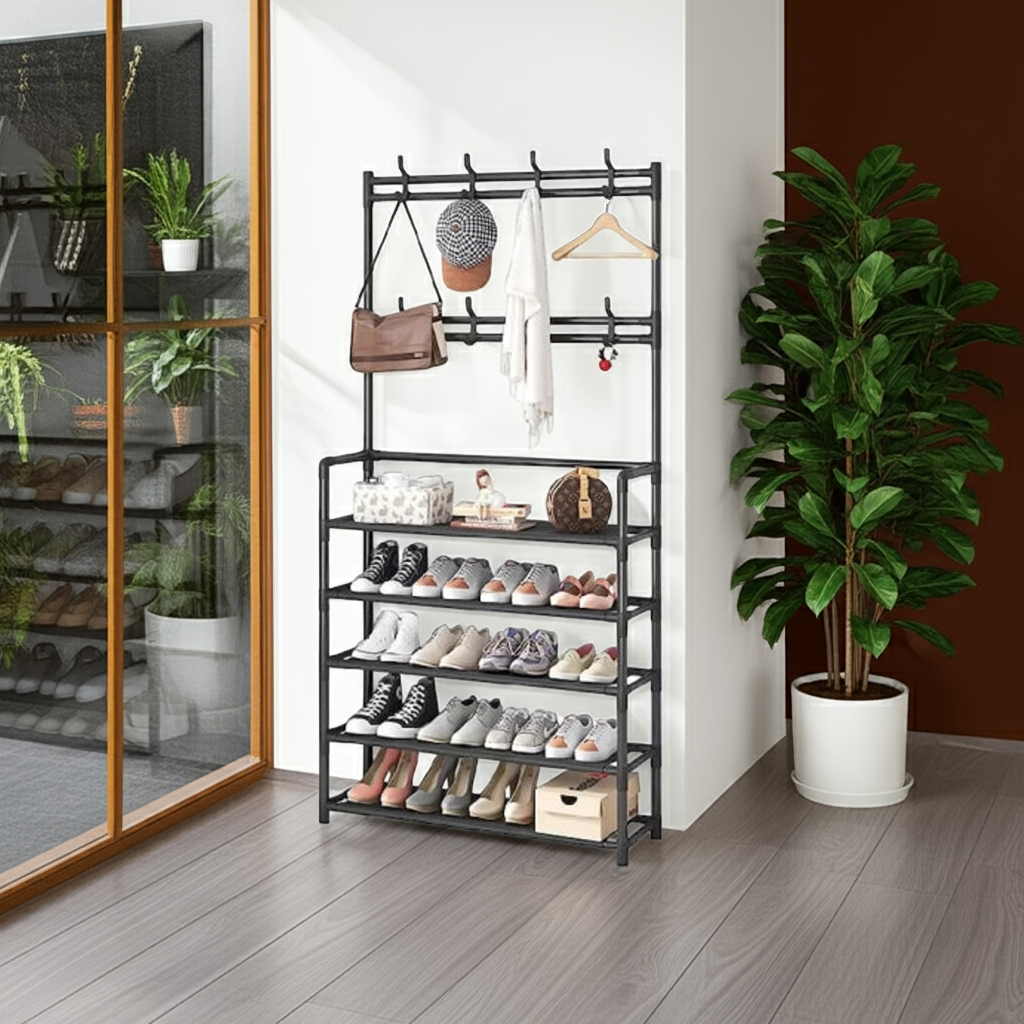 Cuier metalic cu 5 rafturi și 8 cârlige, multifuncțional, pentru haine, pantofi și genți, design modern, 168 cm, negru/alb