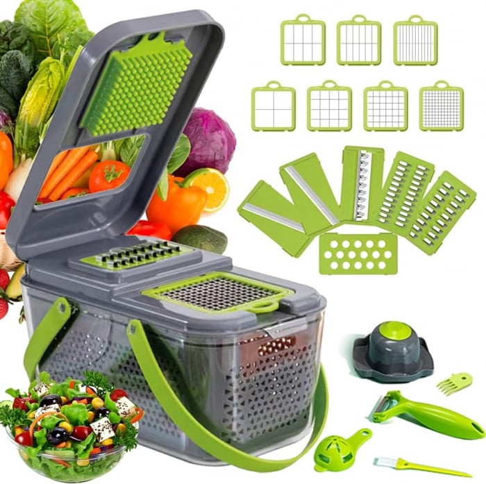 Razatoare Multifunctionala pentru fructe si legume, 22 piese, lame din otel inoxidabil, feliere, radere, taietor, maruntitor, separator ou, functie caserola, maner protectie