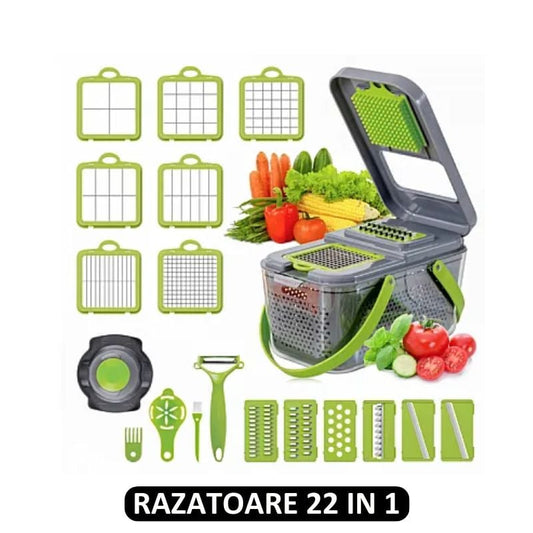 Razatoare Multifunctionala pentru fructe si legume, 22 piese, lame din otel inoxidabil, feliere, radere, taietor, maruntitor, separator ou, functie caserola, maner protectie