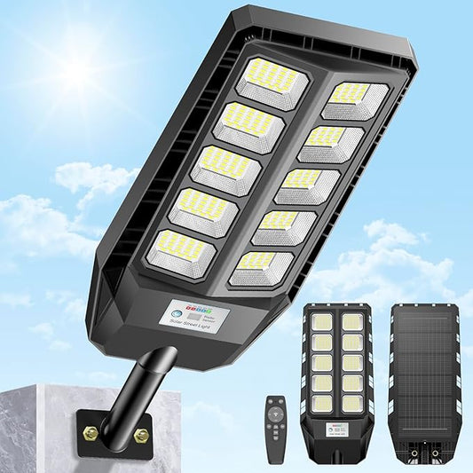Lampă solară stradală, IP67, 216 LED-uri SMD 5730, 6500K, senzor de mișcare, 3 moduri iluminare, telecomandă, aluminiu + plastic, rezistentă la apă și praf