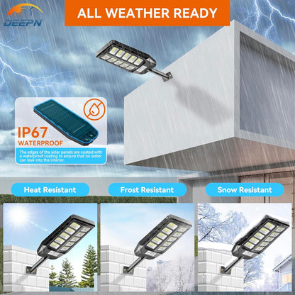 Lampă solară stradală, IP67, 216 LED-uri SMD 5730, 6500K, senzor de mișcare, 3 moduri iluminare, telecomandă, aluminiu + plastic, rezistentă la apă și praf
