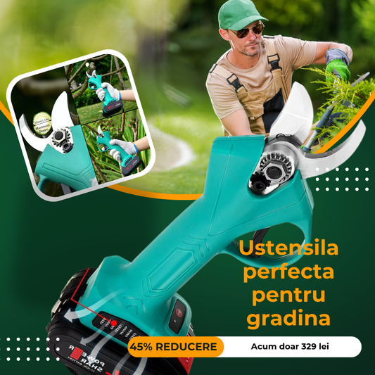 Foarfeca Electrica pentru Gradinarit cu 2 Acumulatori 48V, cu Lama din Otel Carbon, Baterie 9700mAh, Accesorii si Valiza Transport