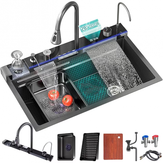 Premium Smart Spüle mit Digitalanzeige, LED-Beleuchtung und ausziehbarem 3-Funktions-Wasserhahn, 45x80 cm