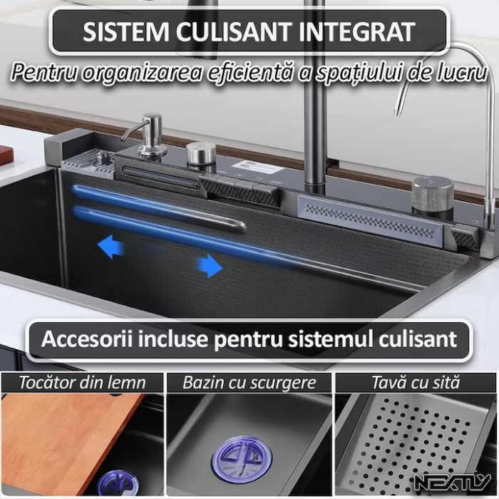 Premium Smart Spüle mit Digitalanzeige, LED-Beleuchtung und ausziehbarem 3-Funktions-Wasserhahn, 45x80 cm