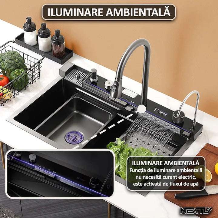 Premium Smart Spüle mit Digitalanzeige, LED-Beleuchtung und ausziehbarem 3-Funktions-Wasserhahn, 45x80 cm