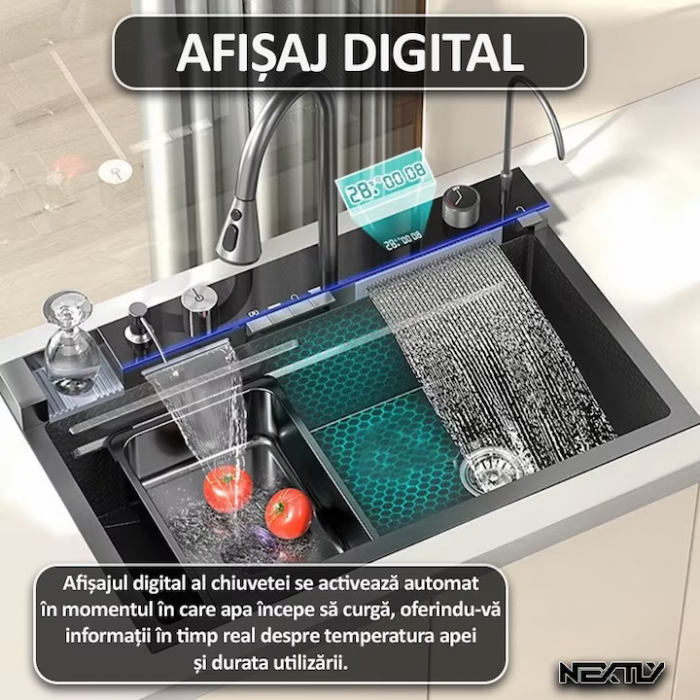 Premium Smart Spüle mit Digitalanzeige, LED-Beleuchtung und ausziehbarem 3-Funktions-Wasserhahn, 45x80 cm