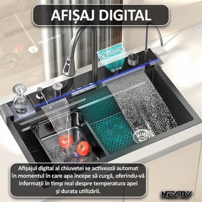 Premium Smart Spüle mit Digitalanzeige, LED-Beleuchtung und ausziehbarem 3-Funktions-Wasserhahn, 45x80 cm