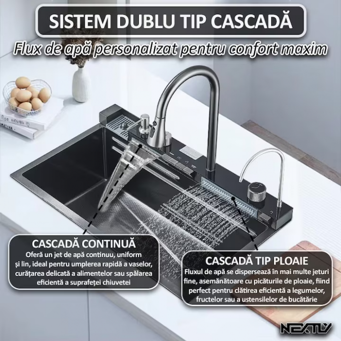 Premium Smart Spüle mit Digitalanzeige, LED-Beleuchtung und ausziehbarem 3-Funktions-Wasserhahn, 45x80 cm