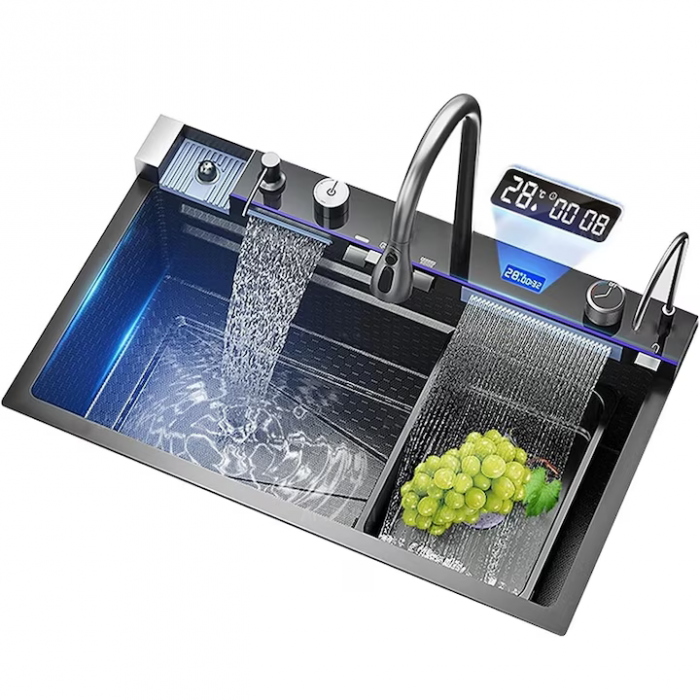 Premium Smart Spüle mit Digitalanzeige, LED-Beleuchtung und ausziehbarem 3-Funktions-Wasserhahn, 45x80 cm