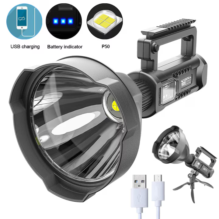 Lanterna LED portabila cu trepied, functie de Powerbank, incarcare USB, 4 moduri de iluminare, Waterproof