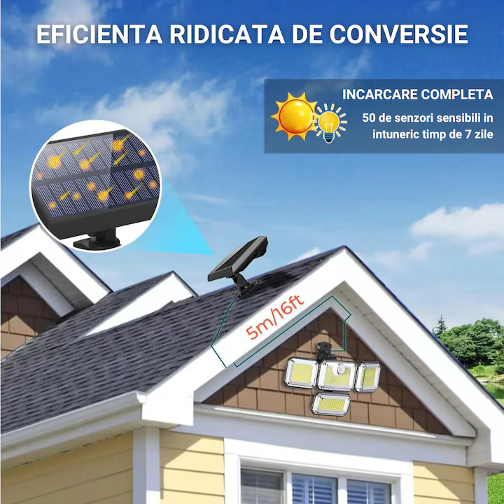 Lampa Solara de Exterior, 333 x cip-uri LED, Cu Senzor De Miscare, cu Brate Reglabile, Panou solar detasabil cu fir 5m, Telecomanda, Rezistenta la Apa IP65