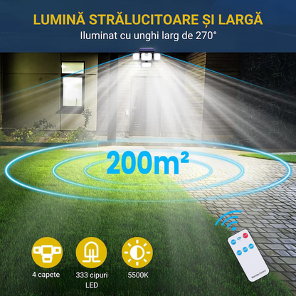Lampa Solara de Exterior, 333 x cip-uri LED, Cu Senzor De Miscare, cu Brate Reglabile, Panou solar detasabil cu fir 5m, Telecomanda, Rezistenta la Apa IP65