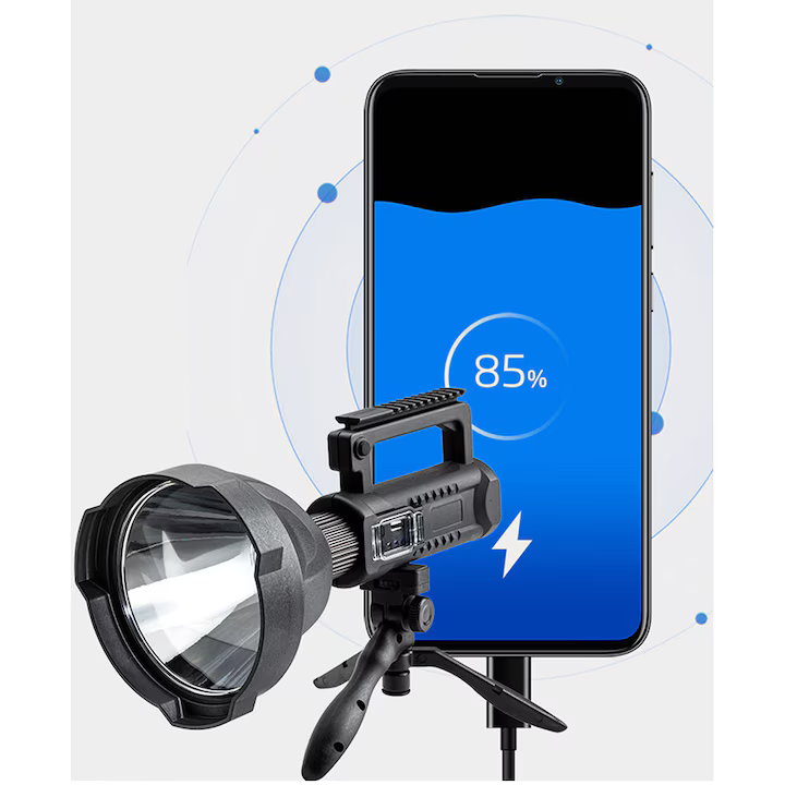 Lanterna LED portabila cu trepied, functie de Powerbank, incarcare USB, 4 moduri de iluminare, Waterproof
