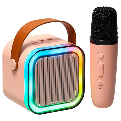 Set karaoke cu 2 microfoane și boxă portabilă, roz, 6W, iluminare LED, schimbare voce, baterii reîncărcabile