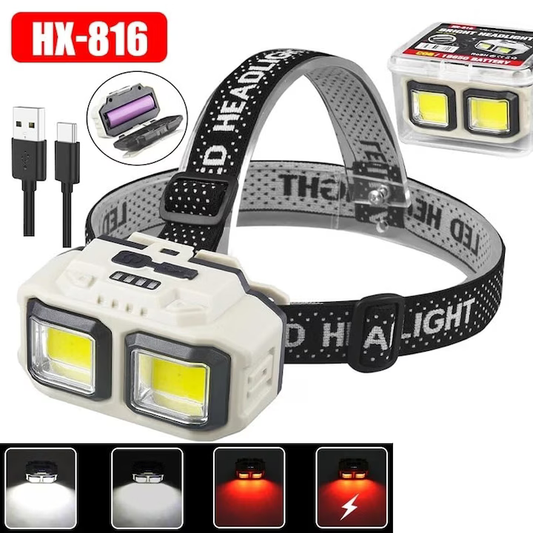 Lanternă Frontală Reîncărcabilă cu LED CREE și COB, Acumulator 18650, Iluminare Puternică, Rezistentă la Apă, USB, Afișaj Putere, Moduri Multiple, Ideală pentru Camping, Drumeții, Pescuit, Vânătoare