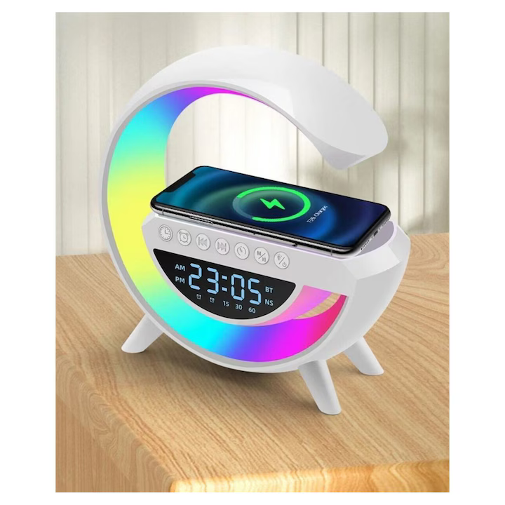 Boxă Bluetooth cu Incarcator Wireless 4 in 1, 15 W, Lampă Smart LED RGB, Radio FM, Slot microSD, Funcție AUX, Ceas Digital - Dispozitiv Multifuncțional, Design Modern, Alb