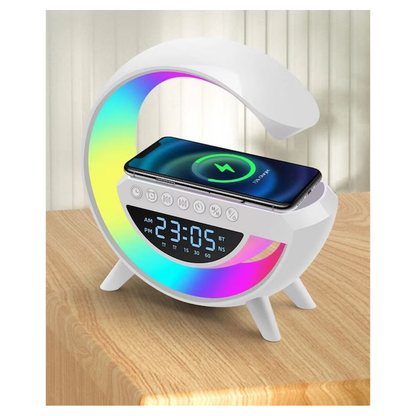 Boxă Bluetooth cu Incarcator Wireless 4 in 1, 15 W, Lampă Smart LED RGB, Radio FM, Slot microSD, Funcție AUX, Ceas Digital - Dispozitiv Multifuncțional, Design Modern, Alb