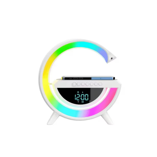 Boxă Bluetooth cu Incarcator Wireless 4 in 1, 15 W, Lampă Smart LED RGB, Radio FM, Slot microSD, Funcție AUX, Ceas Digital - Dispozitiv Multifuncțional, Design Modern, Alb