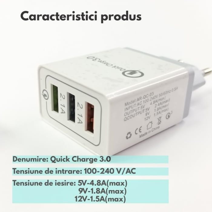 Incarcator priza, USB multiplu, 3 porturi 2.1A, incarcare rapida, Quick Charge 3.0