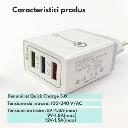 Incarcator priza, USB multiplu, 3 porturi 2.1A, incarcare rapida, Quick Charge 3.0