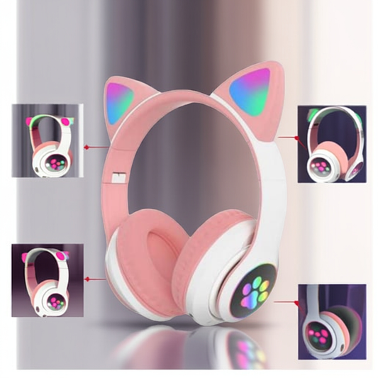 Căști wireless Smart Technology, Bluetooth 5.0, LED Cat Ears, microfon, slot SD/FM, autonomie 10h