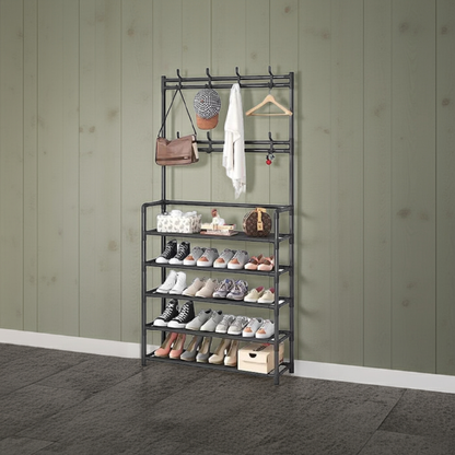 Cuier metalic cu 5 rafturi și 8 cârlige, multifuncțional, pentru haine, pantofi și genți, design modern, 168 cm, negru/alb