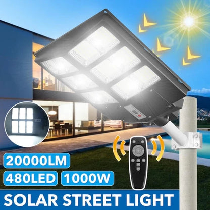 Lampă Solară Stradală LED 600W cu Panou Solar, Senzor de Mișcare, Telecomandă, 1800 lm, Timp de Lucru 12-14h, Control Automat - IP65, Instalare la 2-4 m, Ideală pentru Curți, Aleile și Parcări