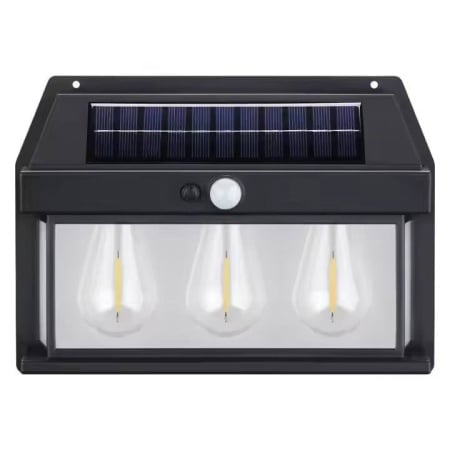 Lampa solara tip felinar 38W Smartix cu 3 Becuri, Acumulator 1200mAh, Senzor 5-8M, Pentru exterior, Suport inclus, Panou solar inclinat, 600 Lumeni, Negru
