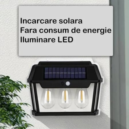 Lampa solara tip felinar 38W Smartix cu 3 Becuri, Acumulator 1200mAh, Senzor 5-8M, Pentru exterior, Suport inclus, Panou solar inclinat, 600 Lumeni, Negru