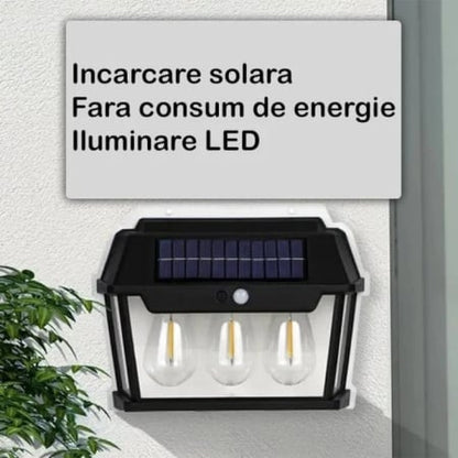 Lampa solara tip felinar 38W Smartix cu 3 Becuri, Acumulator 1200mAh, Senzor 5-8M, Pentru exterior, Suport inclus, Panou solar inclinat, 600 Lumeni, Negru