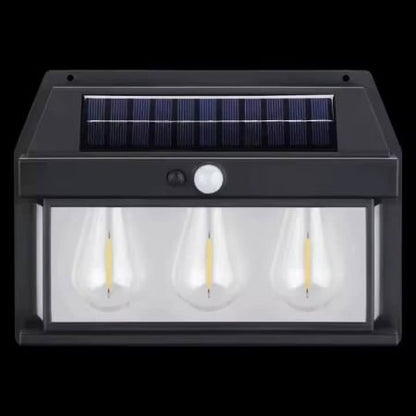 Lampa solara tip felinar 38W Smartix cu 3 Becuri, Acumulator 1200mAh, Senzor 5-8M, Pentru exterior, Suport inclus, Panou solar inclinat, 600 Lumeni, Negru