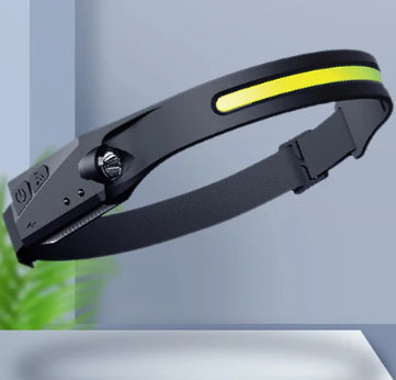 Lanternă frontală LED reîncărcabilă cu bandă ajustabilă și iluminare panoramică