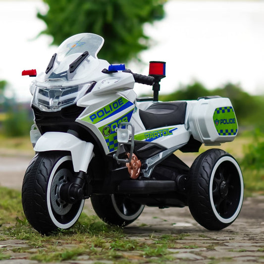 Motocicletă Electrică pentru Copii POLICE cu Efecte Sonore, Lumini și Music Player, 3-7 ani. maxim 39 kg.