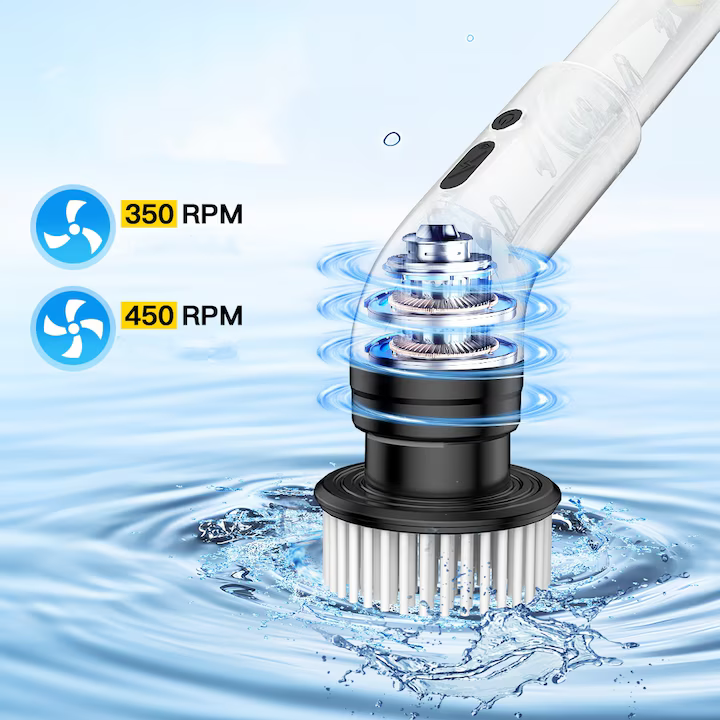 Perie Electrică Rotativă Multifuncțională cu 9 Capete, 2 Viteze și Mâner Extensibil 137 cm