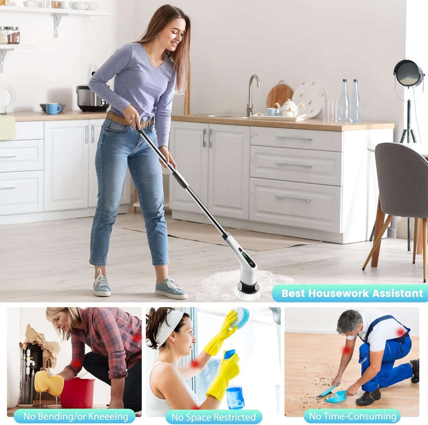 Perie Electrică Rotativă Multifuncțională cu 9 Capete, 2 Viteze și Mâner Extensibil 137 cm