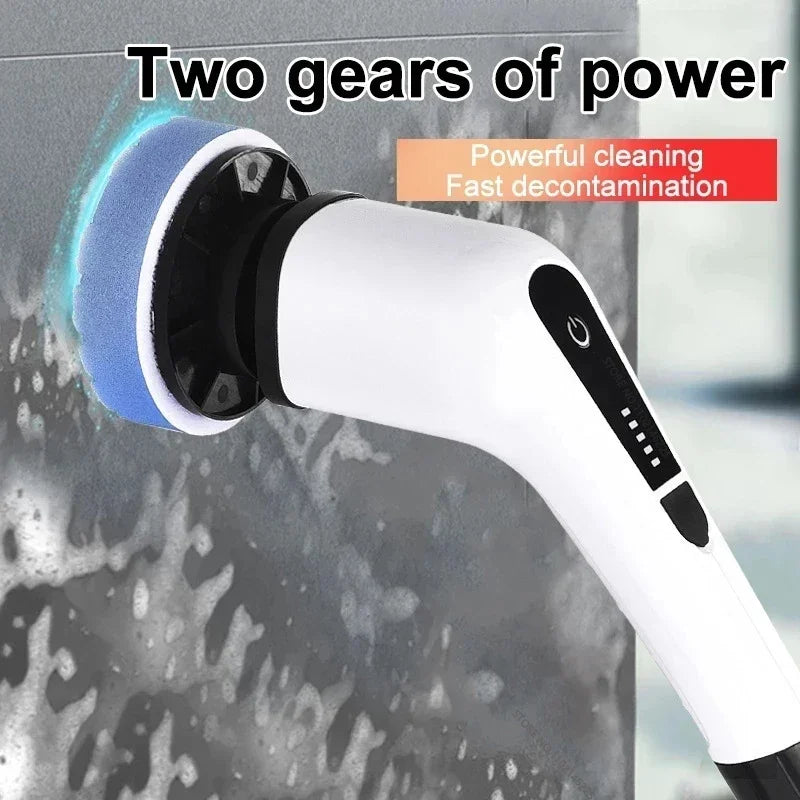 Perie Electrică Rotativă Multifuncțională cu 9 Capete, 2 Viteze și Mâner Extensibil 137 cm