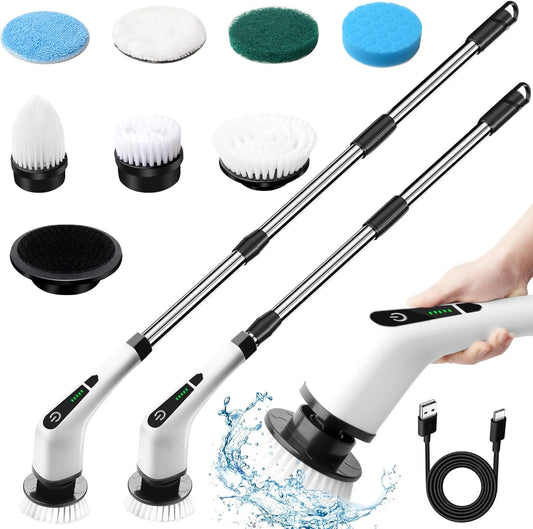 Perie Electrică Rotativă Multifuncțională cu 9 Capete, 2 Viteze și Mâner Extensibil 137 cm