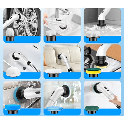 Perie Electrică Rotativă Multifuncțională cu 9 Capete, 2 Viteze și Mâner Extensibil 137 cm