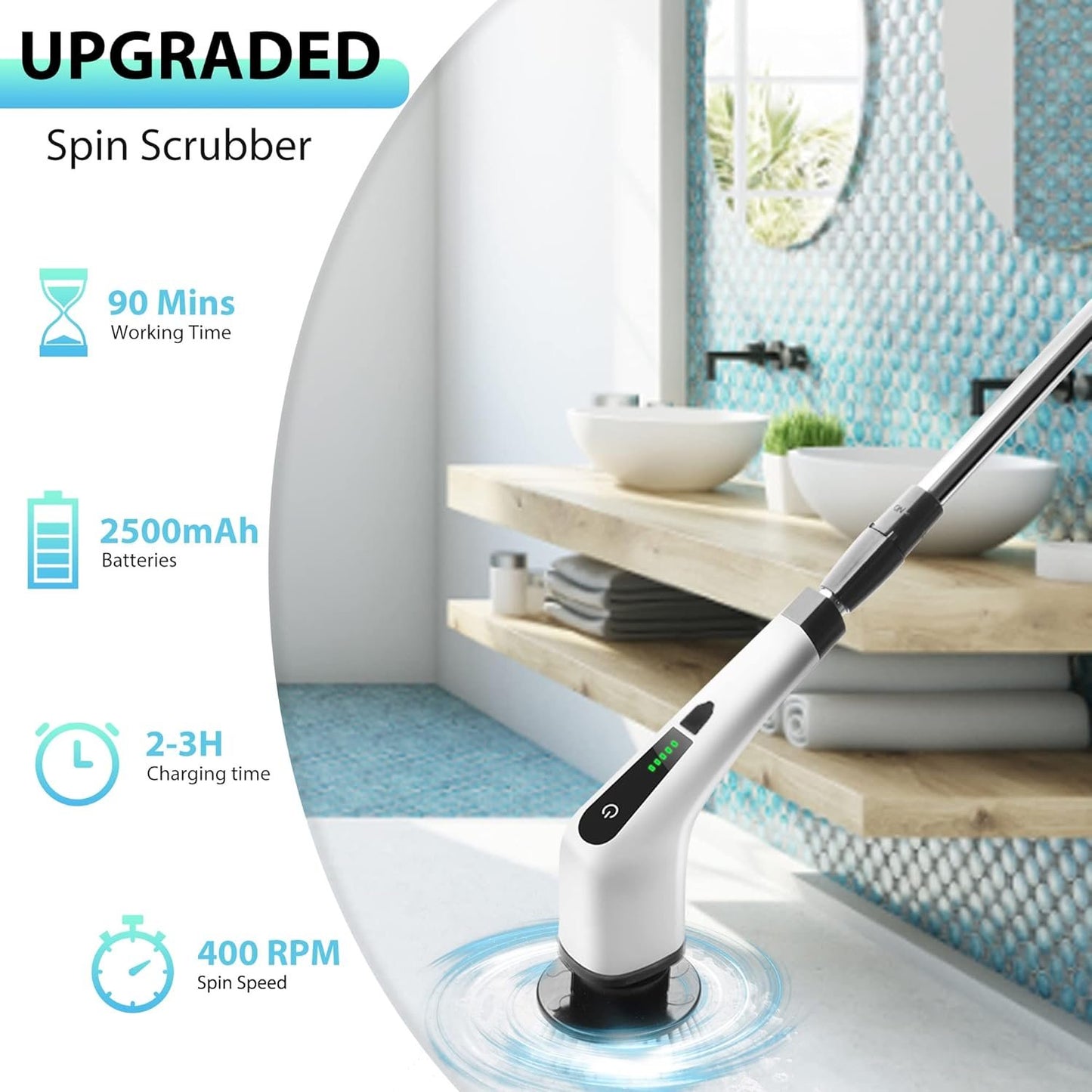 Perie Electrică Rotativă Multifuncțională cu 9 Capete, 2 Viteze și Mâner Extensibil 137 cm