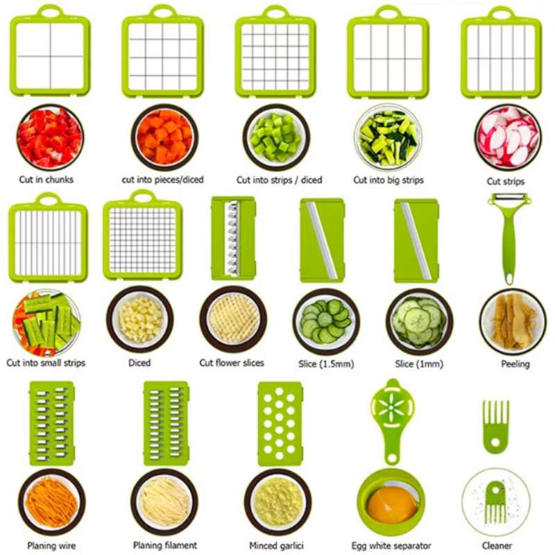 Razatoare Multifunctionala pentru fructe si legume, 22 piese, lame din otel inoxidabil, feliere, radere, taietor, maruntitor, separator ou, functie caserola, maner protectie