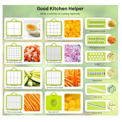 Razatoare Multifunctionala pentru fructe si legume, 22 piese, lame din otel inoxidabil, feliere, radere, taietor, maruntitor, separator ou, functie caserola, maner protectie