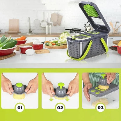 Razatoare Multifunctionala pentru fructe si legume, 22 piese, lame din otel inoxidabil, feliere, radere, taietor, maruntitor, separator ou, functie caserola, maner protectie